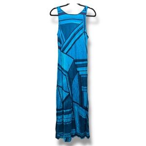 Virgo Blue Geometric Maxi Dress Size 12 Sleeveless Rayon Summer Beach